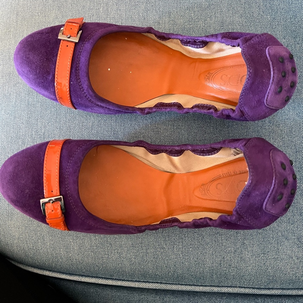 Tod's Purple suede driving Flats with Orange Buckle. Originally $495